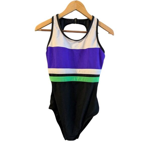 Vintage 80's/90's Concepts Sirena Black/Purple/White One PIece Swimsuit H - Picture 1 of 5